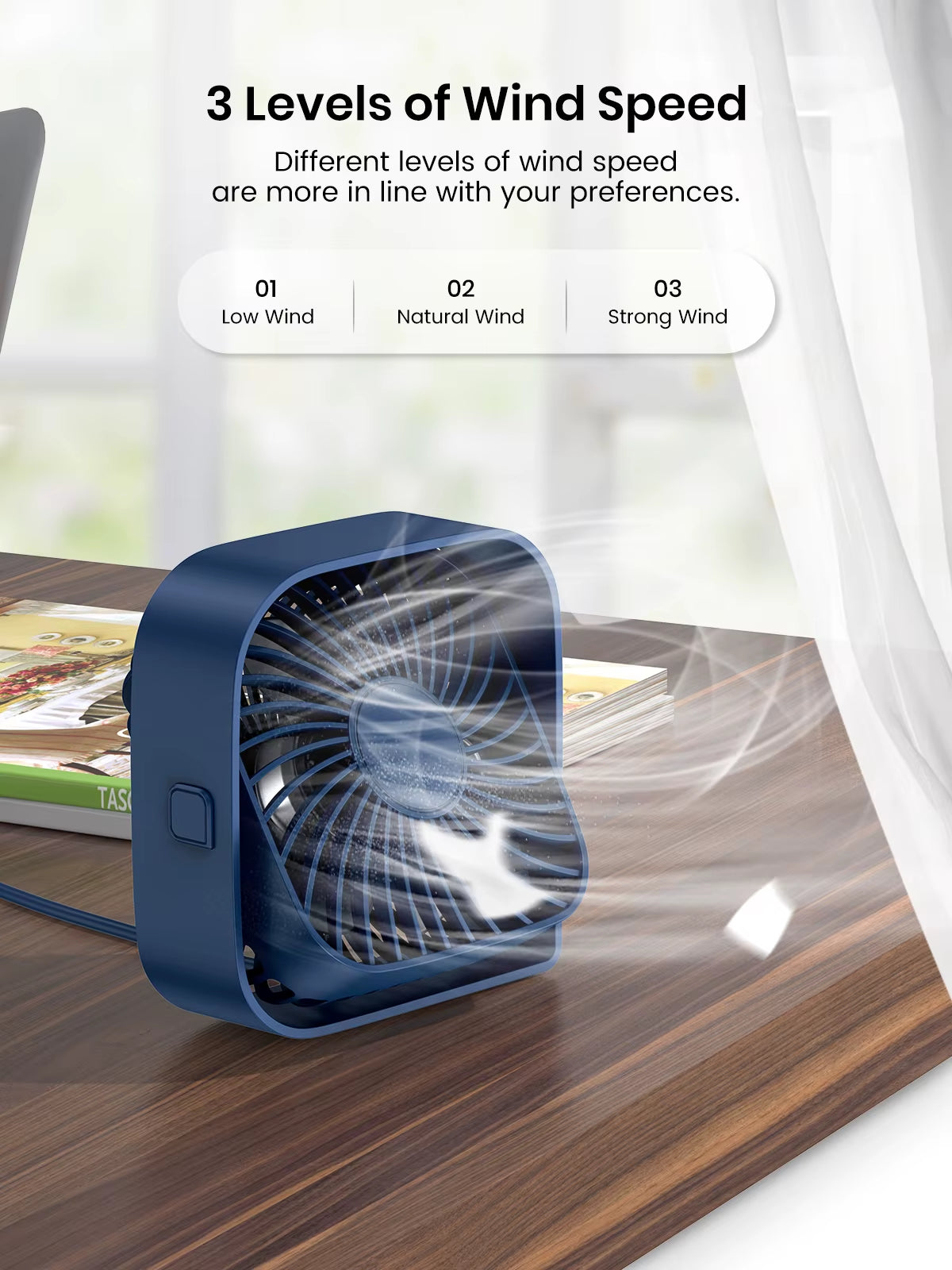 Mini Portable USB Desk Fan with Strong Airflow, Quiet Operation, 3-Speed Settings, and 360° Rotatable Design for Home and Office Use